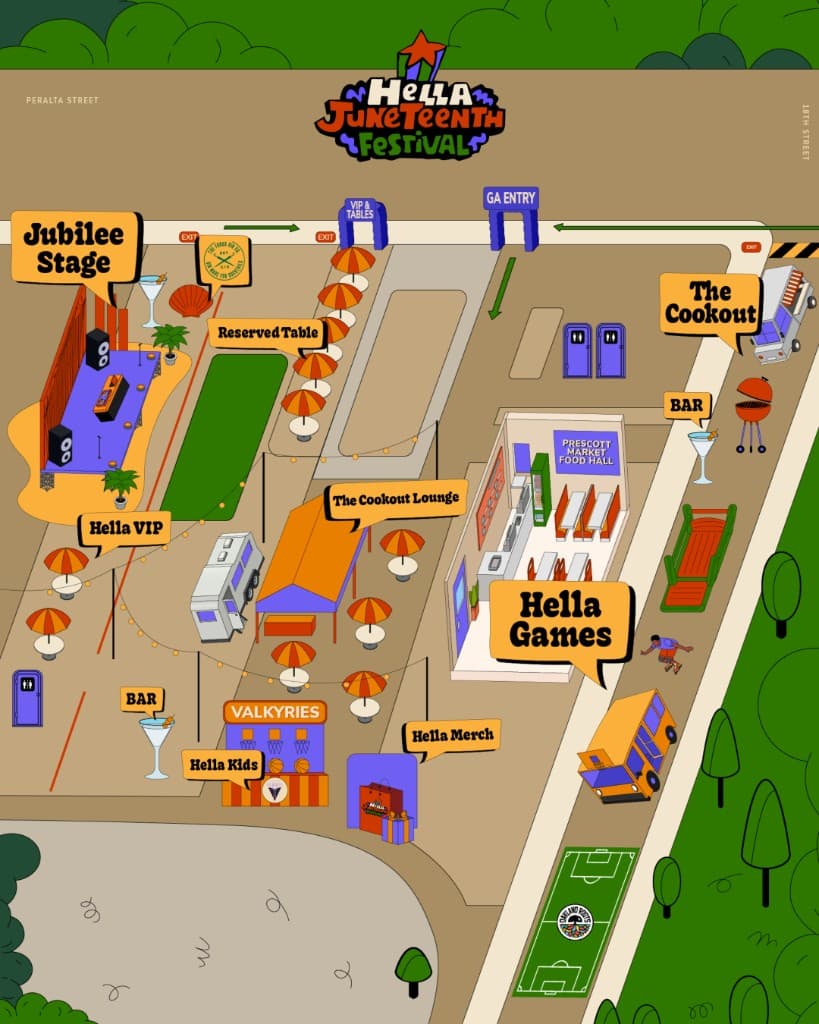 Illustrated map of Hella Juneteenth Festival at Prescott Market showing Jubilee Stage, VIP, The Cookout, food hall, games, kids zone, bars, restrooms, and entrances.